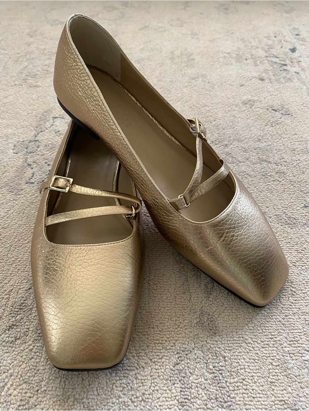 M. Gemi The Ballare Gold Leather Square Toe Ballet Flats Strap Quiet Luxury